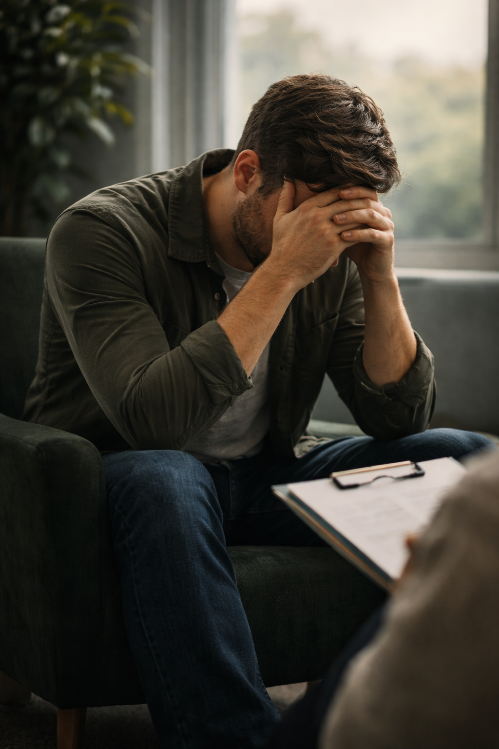 A man sitting on a couch with his face in his hands, appearing distressed or upset, during a therapy session.