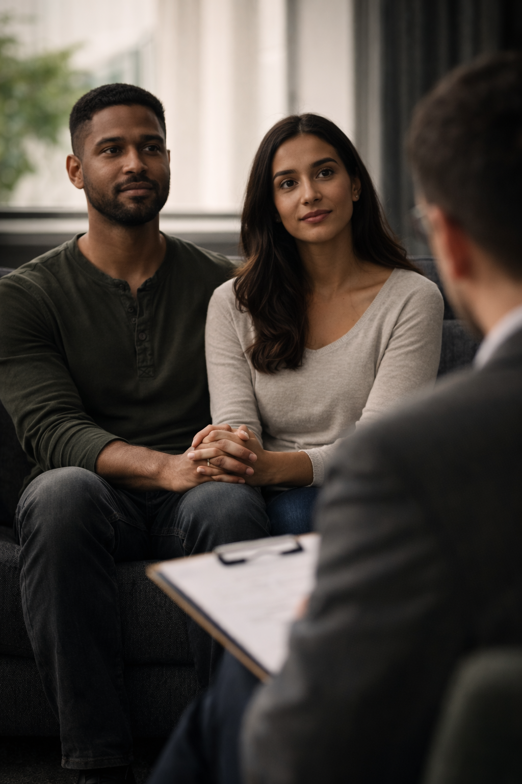 A couple's therapy session with a therapist.