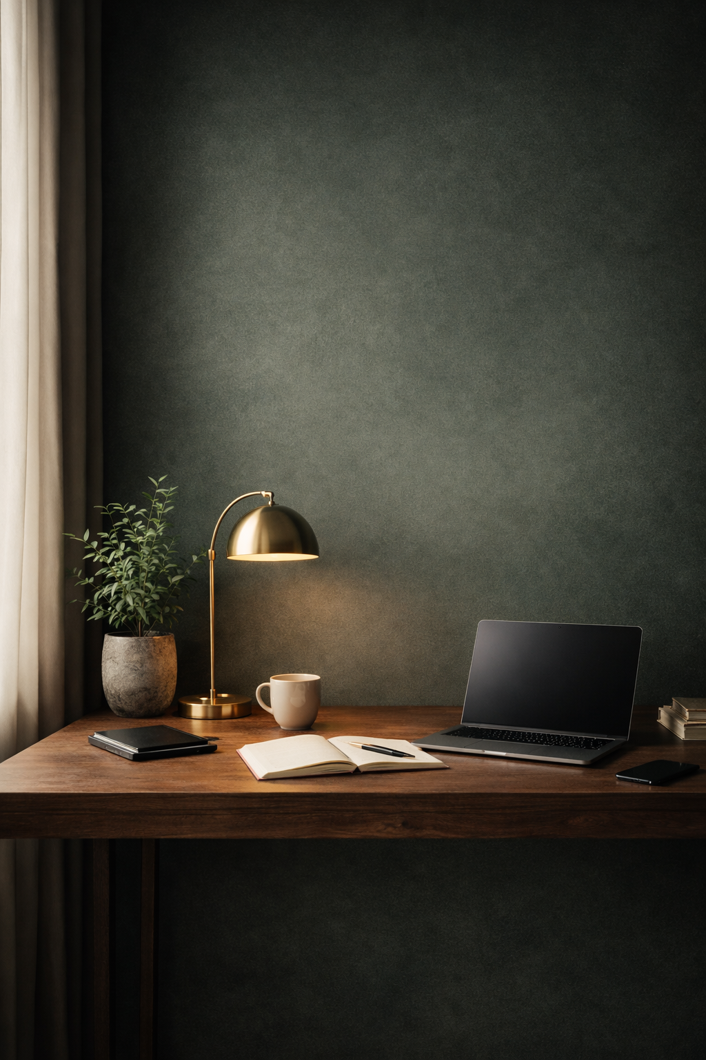A tidy wooden desk with a potted plant, a gold desk lamp, a white mug, an open notebook with a pen, a closed laptop, a smartphone, and a stack of small books against a dark green wall with curtains on the left.