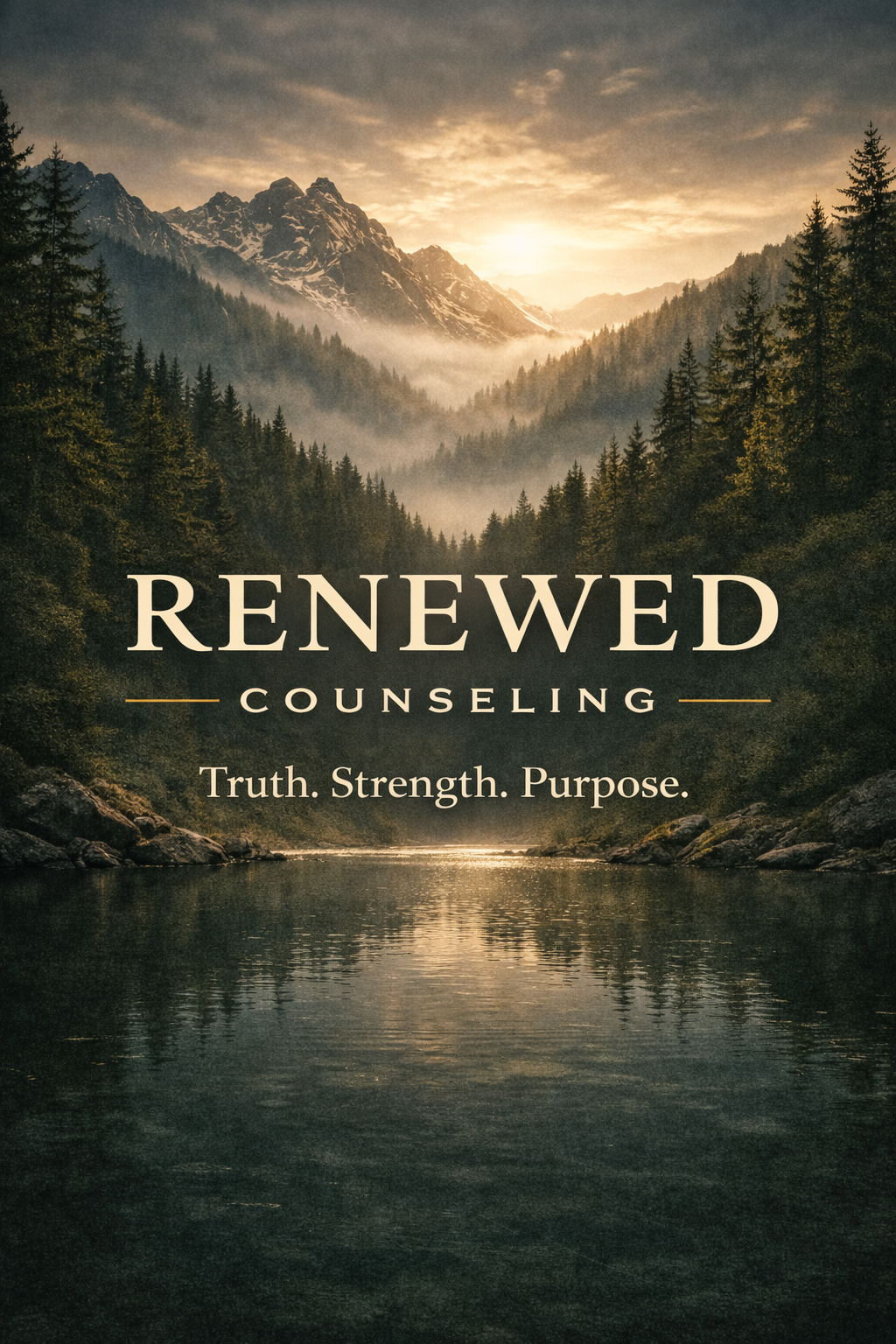 Nature landscape with Renewed Counseling branding emphasizing clarity strength and purpose. Christian counseling in Florida & Tennessee