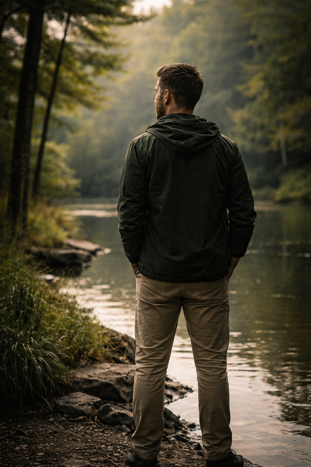 Man standing by a river in a forested area, facing away, wearing a dark jacket and beige pants.