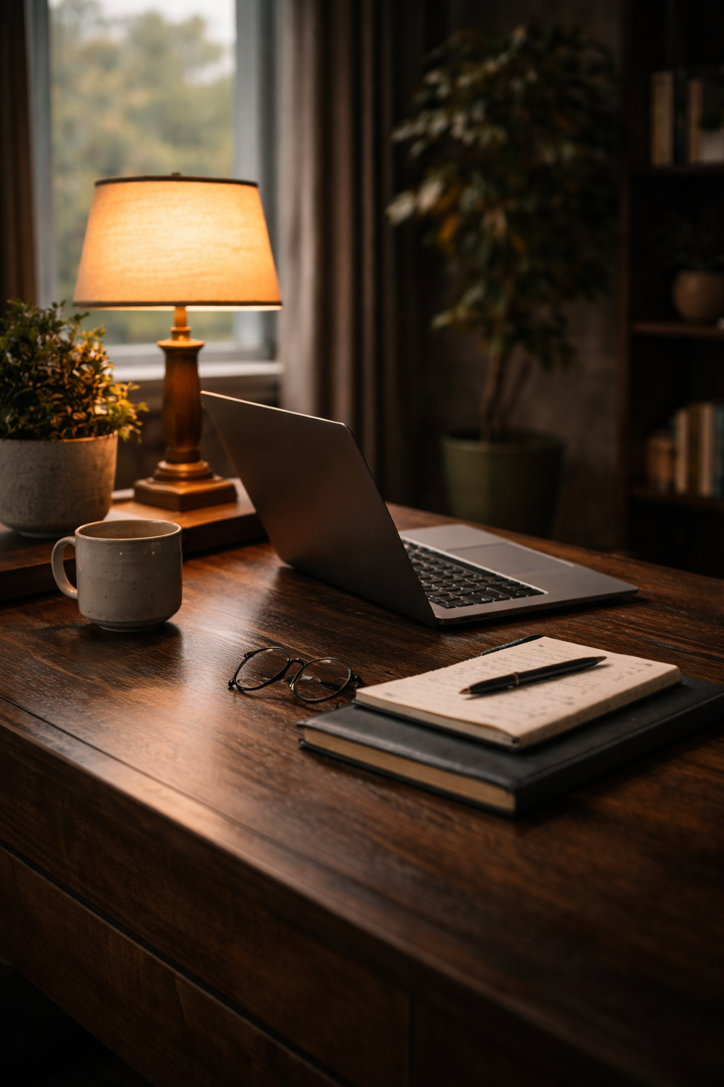 A cozy workspace with a wooden desk, an open laptop, a pair of glasses, a notebook with handwritten notes and a pen, a ceramic mug, a small potted plant, a table lamp, and a background of a window with curtains and a bookshelf.