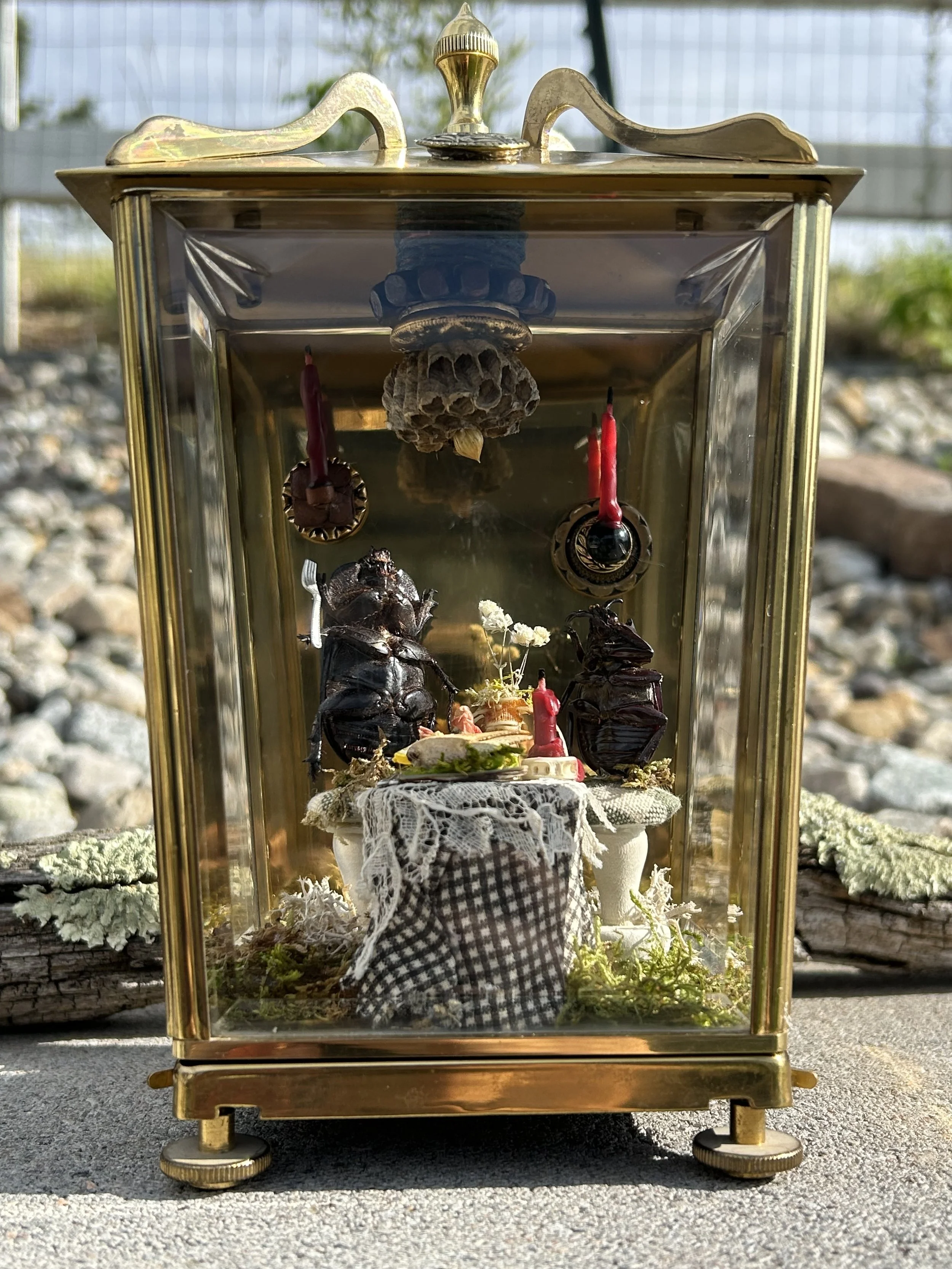 A small decorative glass enclosure displaying a miniature scene with insects and tiny objects, including candles, flowers, and fabric, arranged on a table, with outdoor scenery in the background.