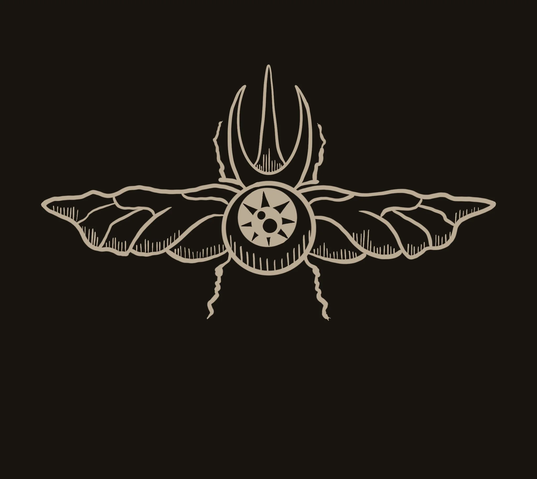 A stylized illustration of a moth or insect with geometric and mechanical elements on its body and wings, set against a black background.