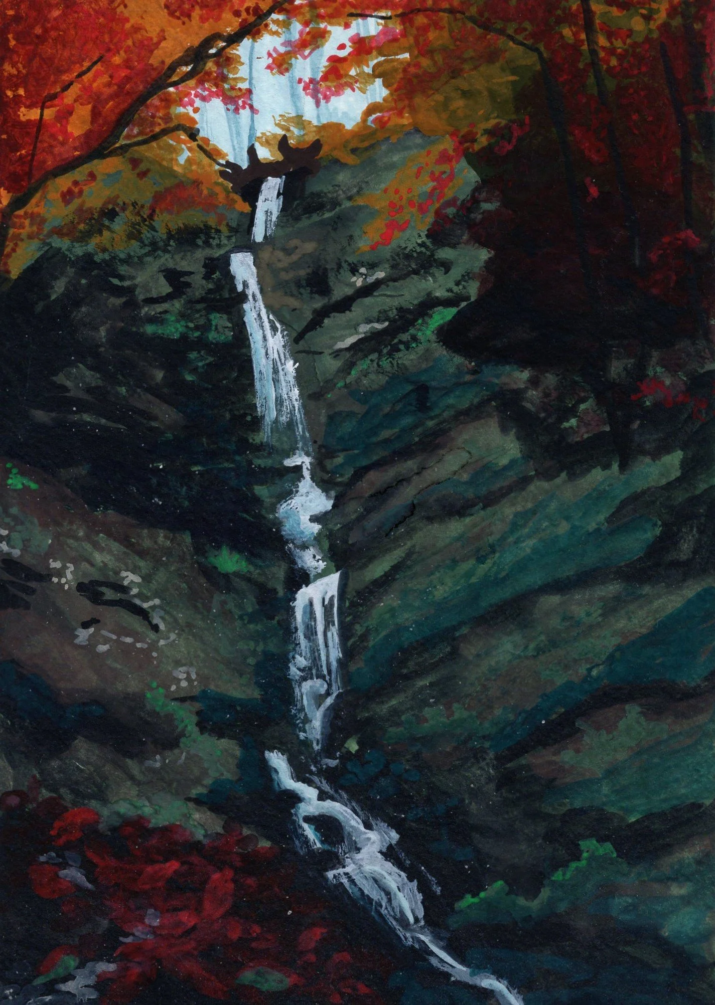 Painting of a waterfall flowing down a rocky cliff surrounded by autumn-colored trees.