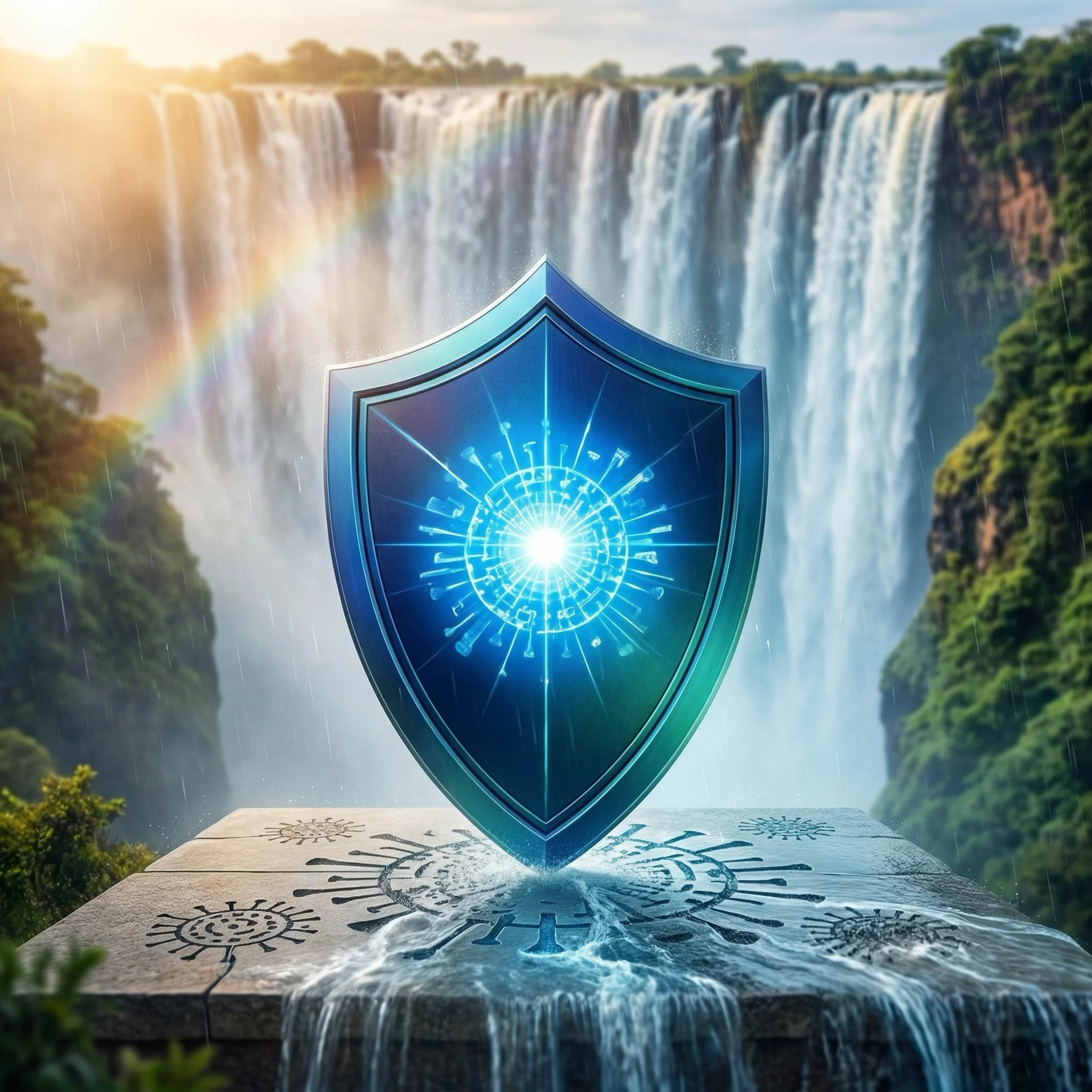 Digital shield with glowing circuit design positioned in front of a large waterfall and rainbow, representing cybersecurity or protection.