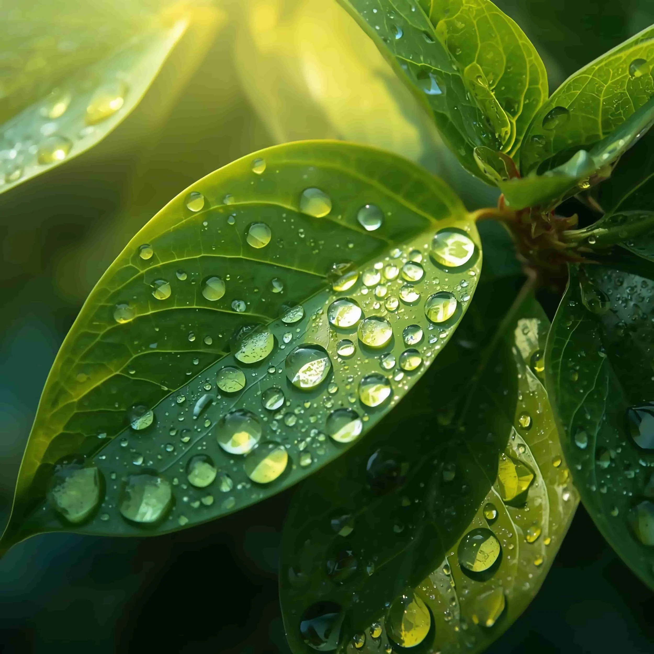 Close-up of green leaves with water droplets on them, illuminated by sunlight.