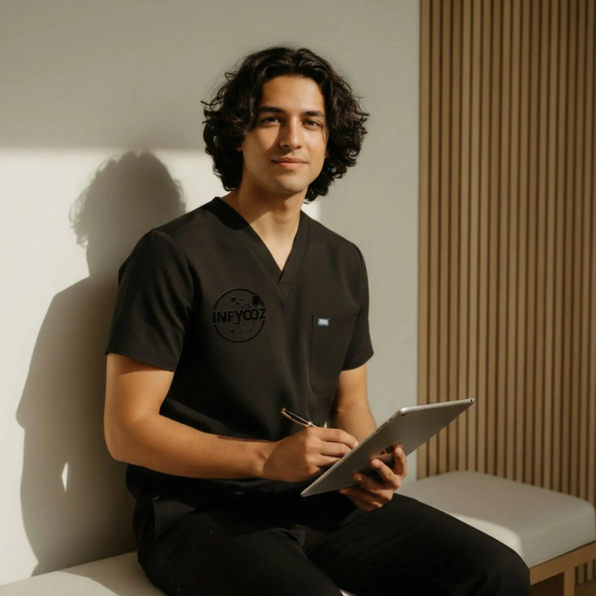 Young man with curly hair wearing black scrubs, sitting on a bench, holding a tablet and a stylus, in a room with wooden panel wall.