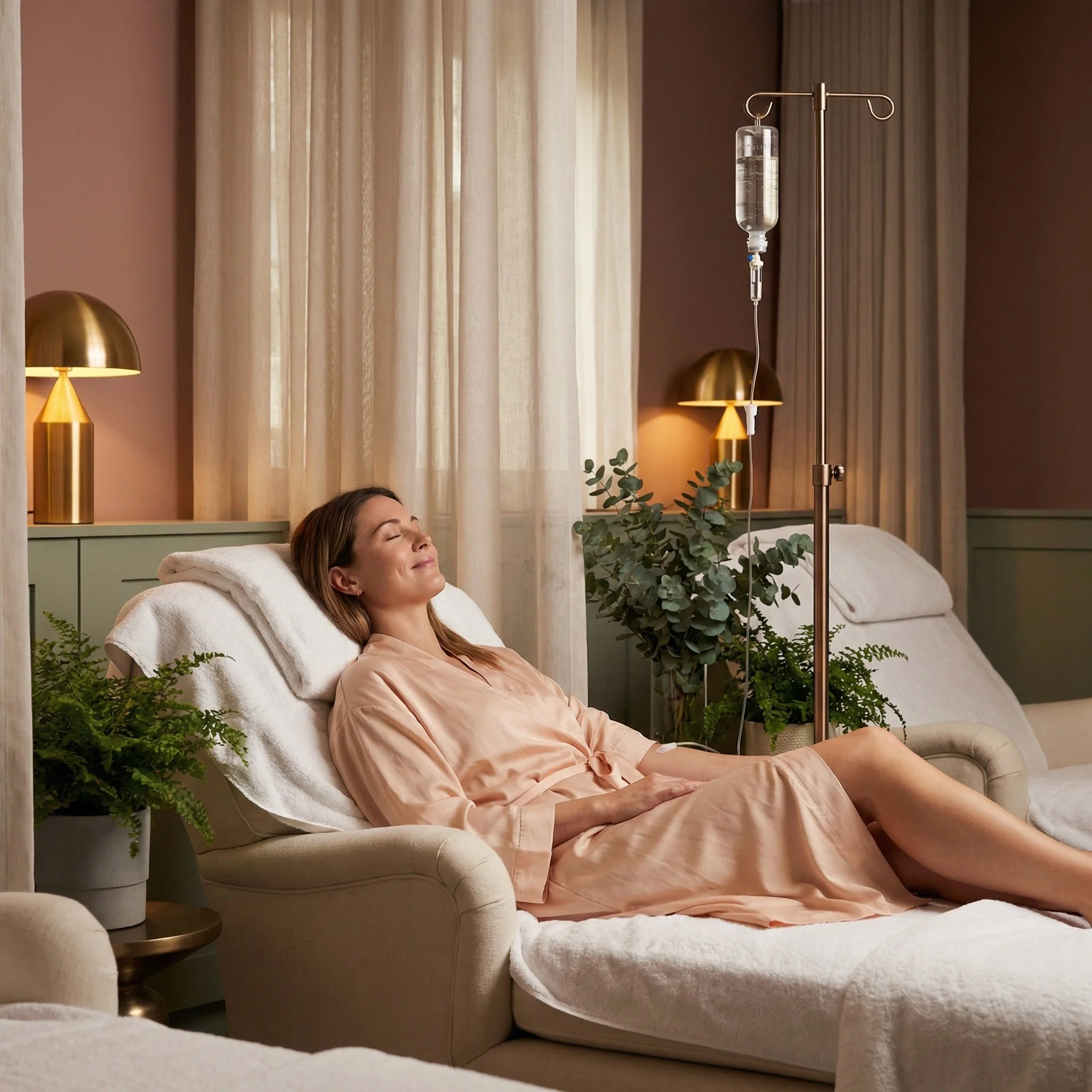 A woman resting in a luxurious reclining chair with an IV drip in a warmly lit room.