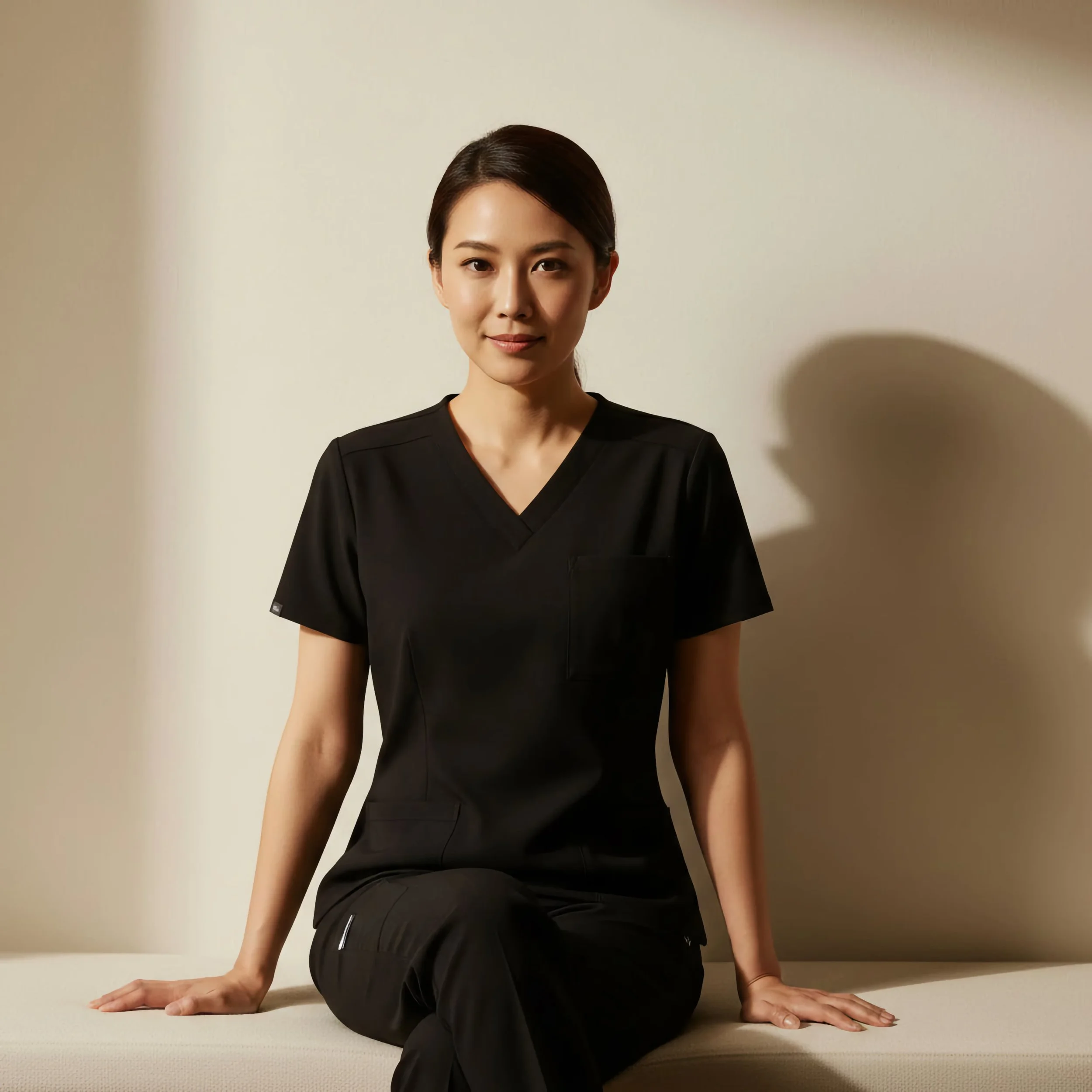 A woman in black medical scrubs sitting on a beige surface against a plain beige background, with her hands resting on the surface and a slight smile.