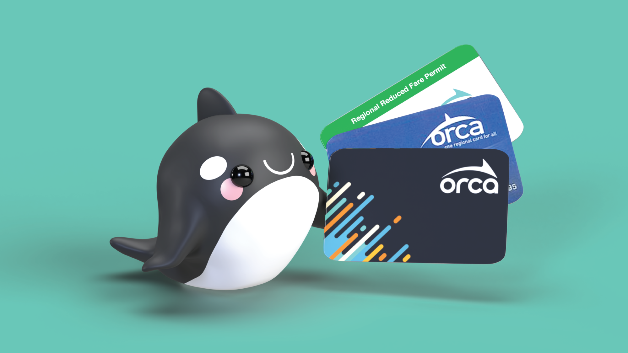 Digital illustration of a cute, cartoon-style orca whale character with a smiling face, pink cheeks, and black and white coloring. The orca is standing next to a black device and behind it are three colorful cards, one green labeled "Regional Reduced Fare Permit" and the others blue and black with "orca" logos, representing a transportation or transit card collection.