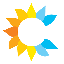 Colorful circular logo with leaf-like shapes in yellow, orange, and blue arranged in a sun pattern