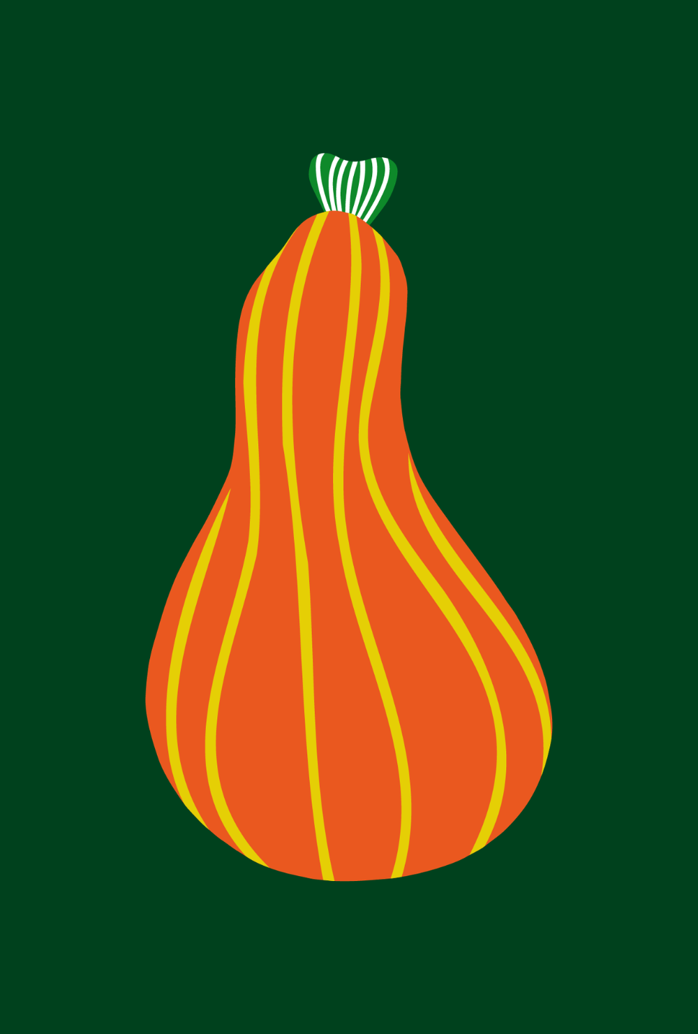 A stylized digital illustration of a single gourd with orange and yellow vertical stripes, set against a dark green background.