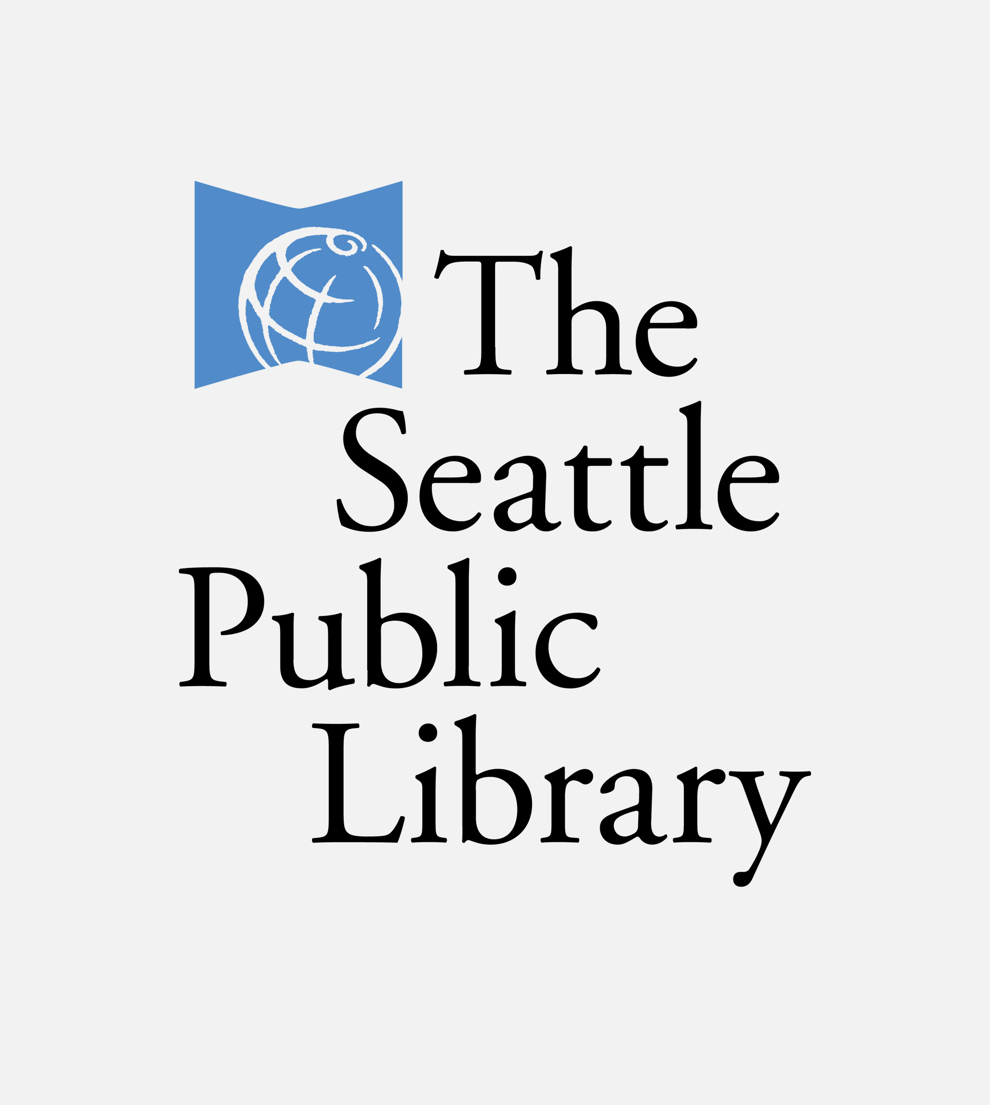 The logo of The Seattle Public Library featuring a blue open book with a white globe design inside and black text reading "The Seattle Public Library".