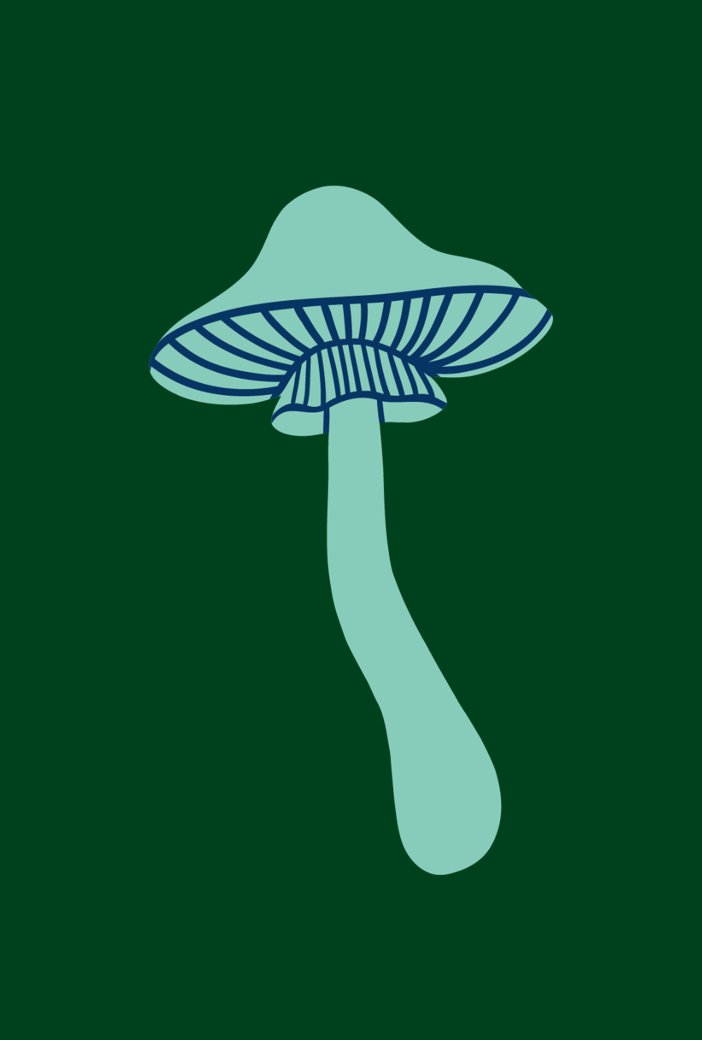 Illustration of a mushroom with a light green cap and gills against a dark green background.