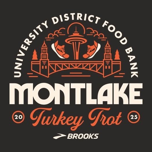 Logo for Montlake Turkey Trot with a black background, featuring the Seattle Space Needle, a bridge, and two turkey legs, promoting the University District Food Bank, with the year 2025 and the Brooks brand.