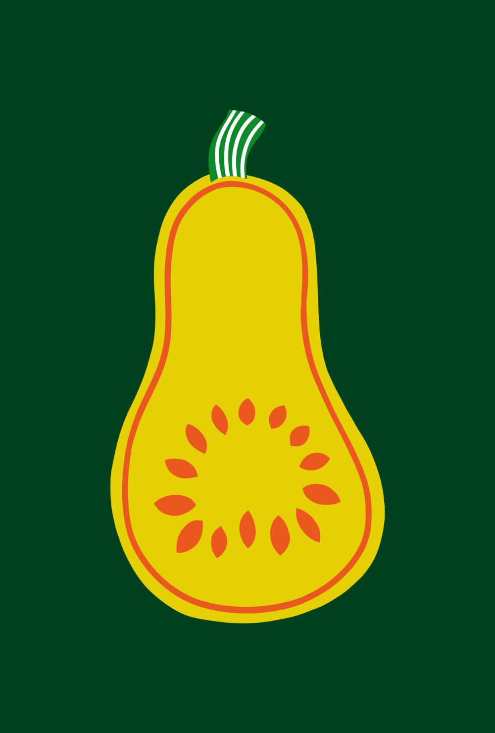 Illustration of a yellow pear with orange seeds inside on a dark green background.