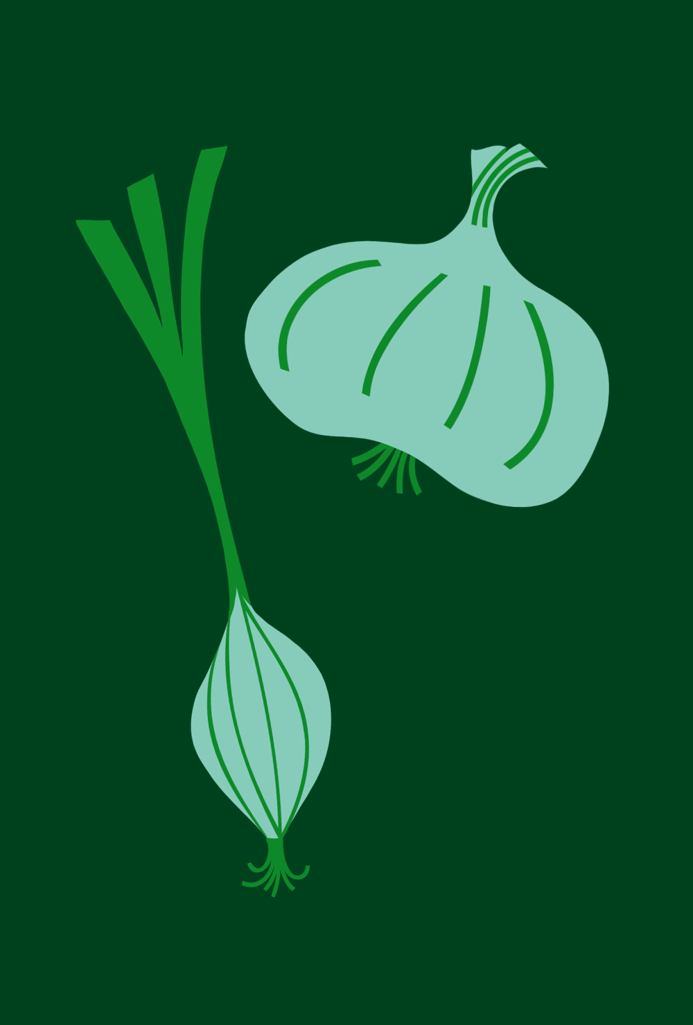 Stylized illustration of an onion with a long green stem against a dark green background.