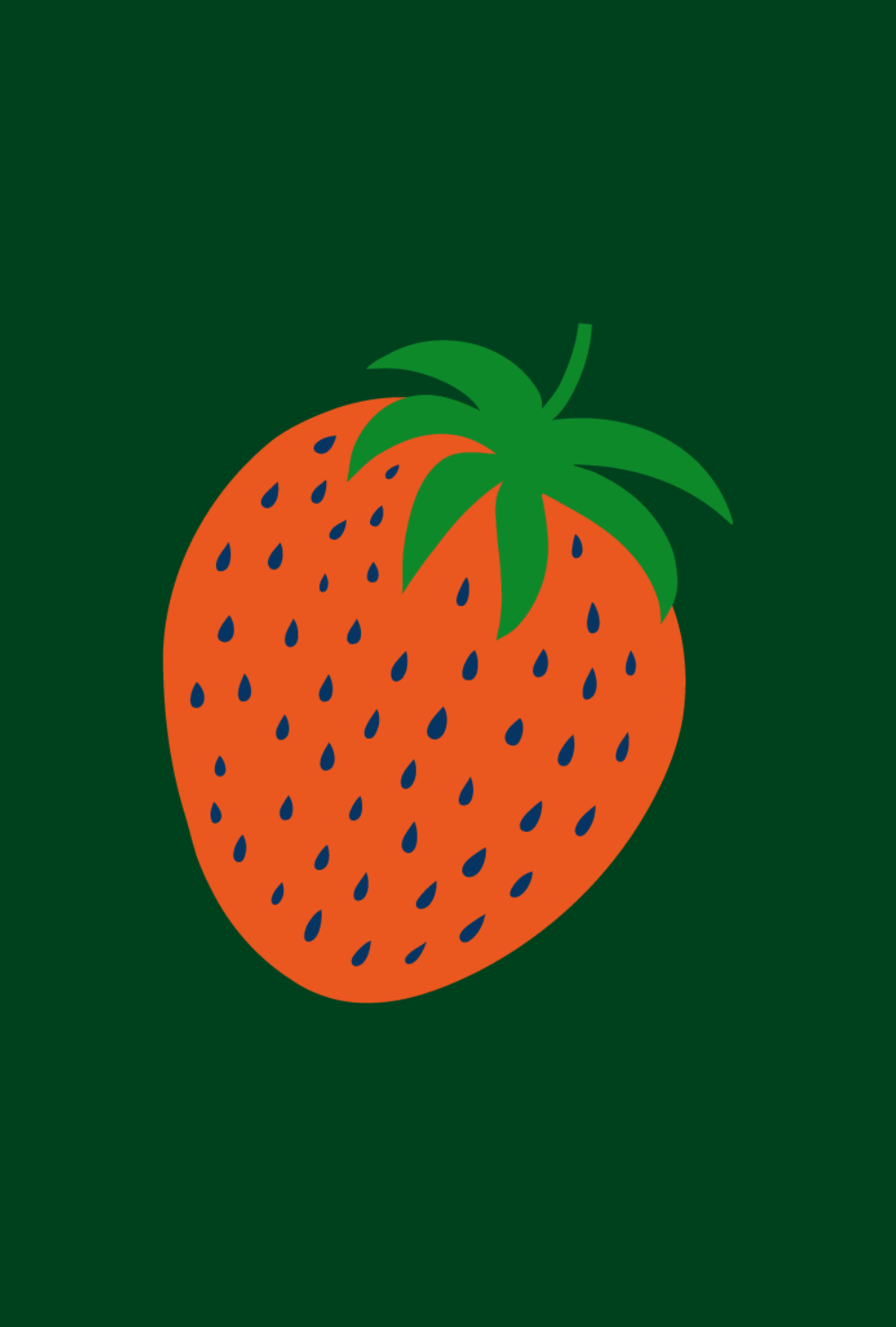 Illustration of a large orange strawberry with green leaves and dark seeds on a dark green background.