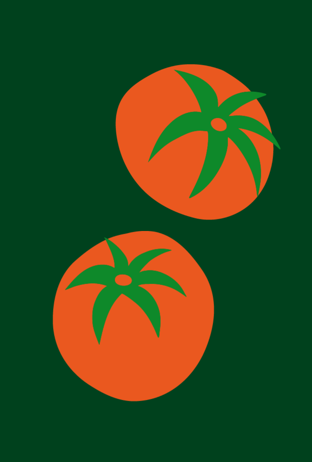 Two stylized orange tomatoes with green leaves on a dark green background.