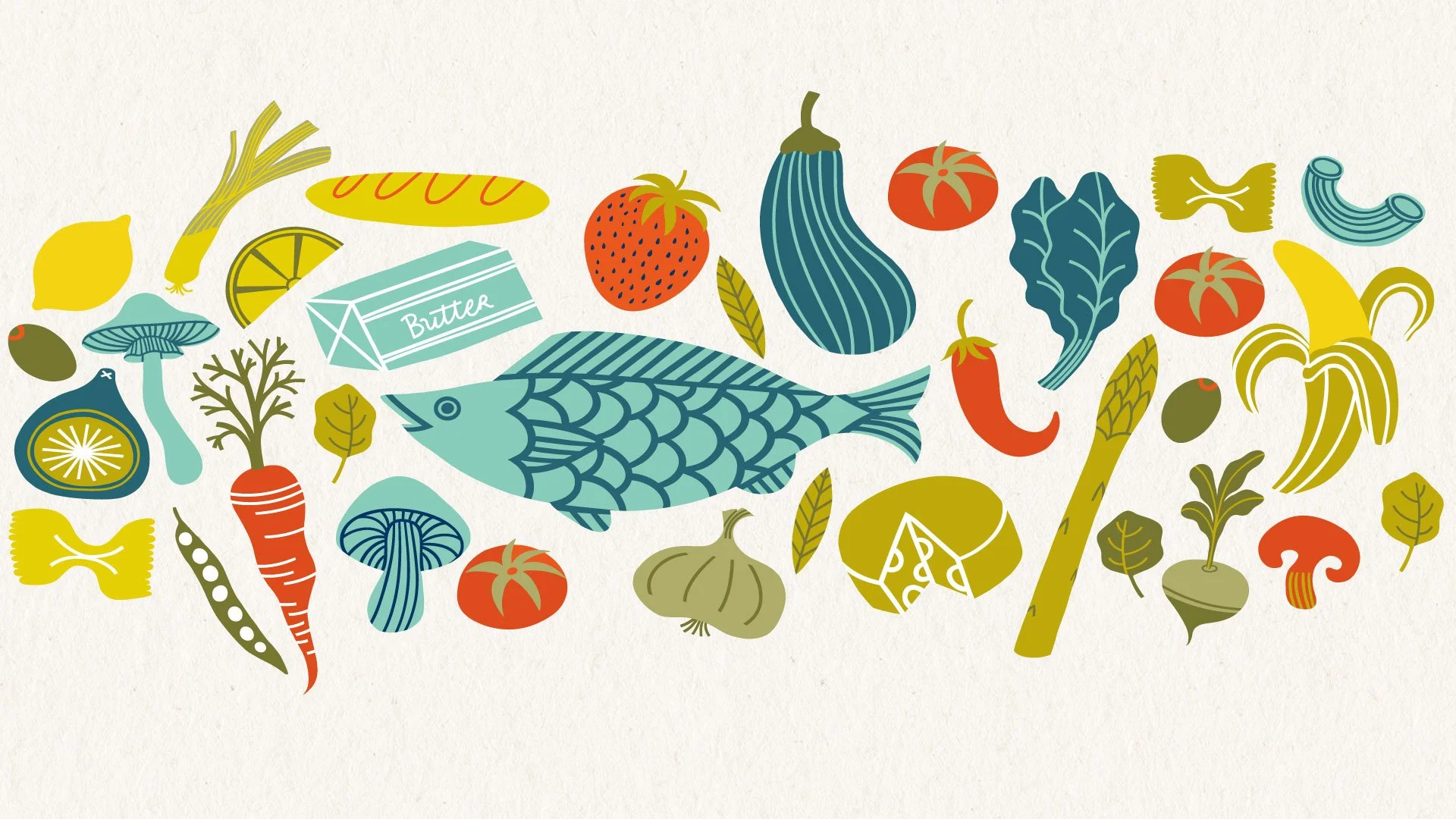 Colorful illustration of various vegetables, fruits, and a fish, including a lemon, celery, mushroom, strawberry, eggplant, tomato, banana, carrot, zucchini, garlic, parsley, and a stick of butter.