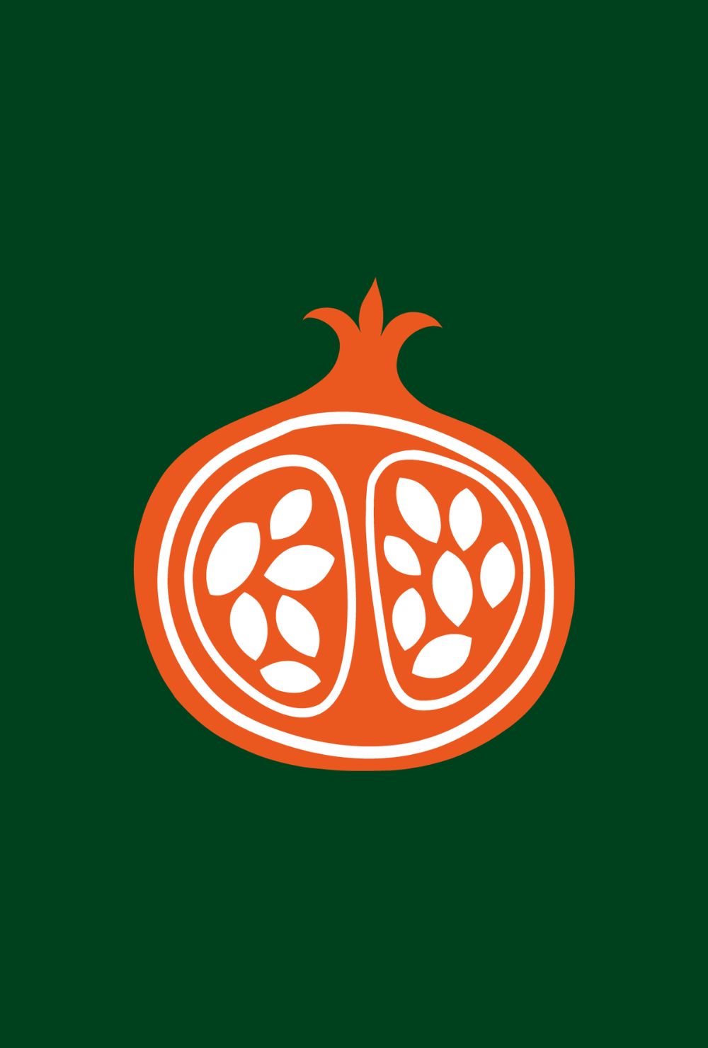 Graphic of a pomegranate fruit with an orange outline and white interior seeds on a dark green background.