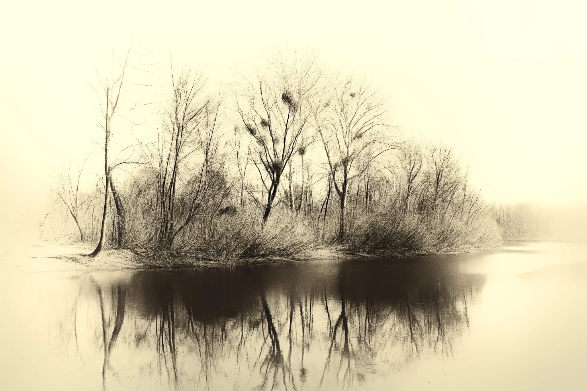 A black and white photograph of leafless trees along a riverbank in Kyiv , with reflections visible in the water.