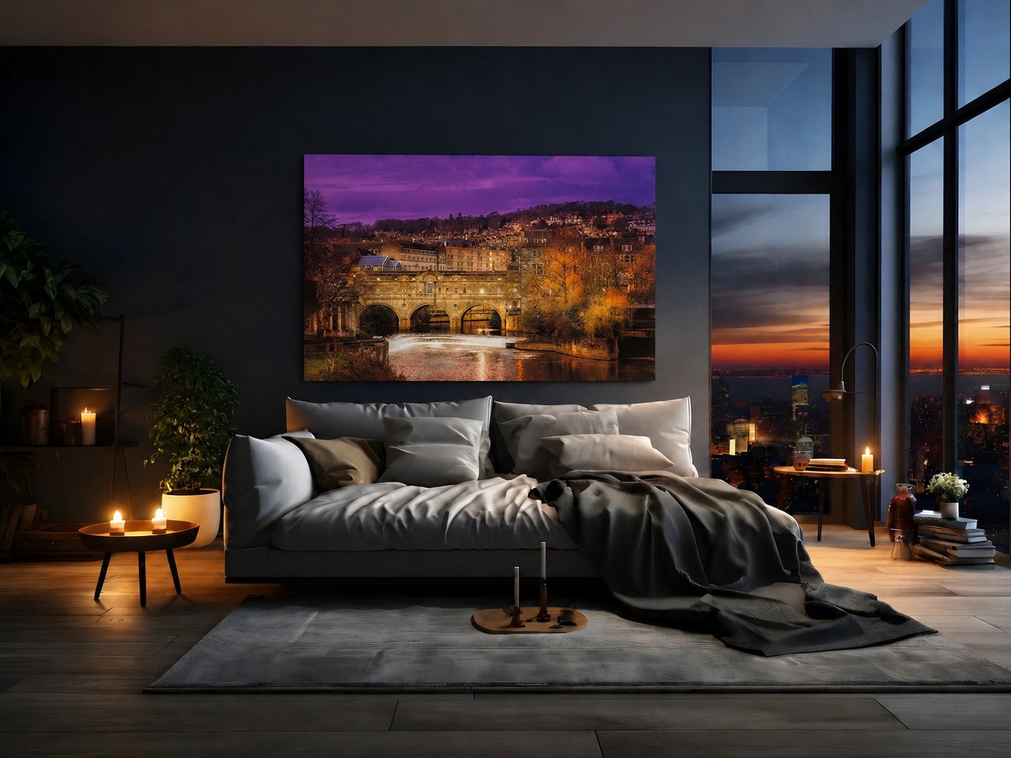 Pulteney Bridge in Bath in a sunset room