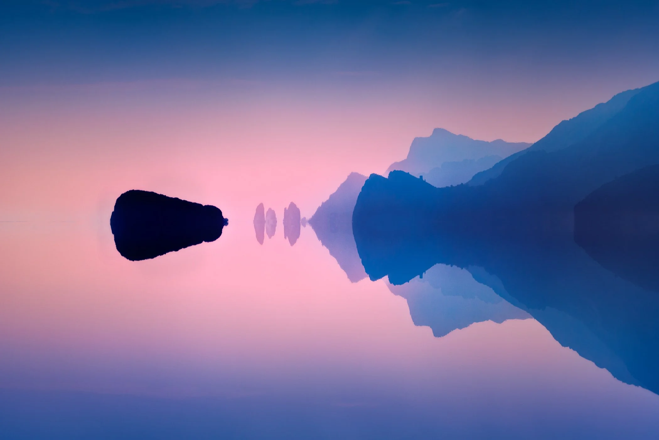The Stillness Beyond A tranquil, minimalist waterscape featuring smooth pastel reflections and soft geometric silhouettes along the Tyrrhenian coast.