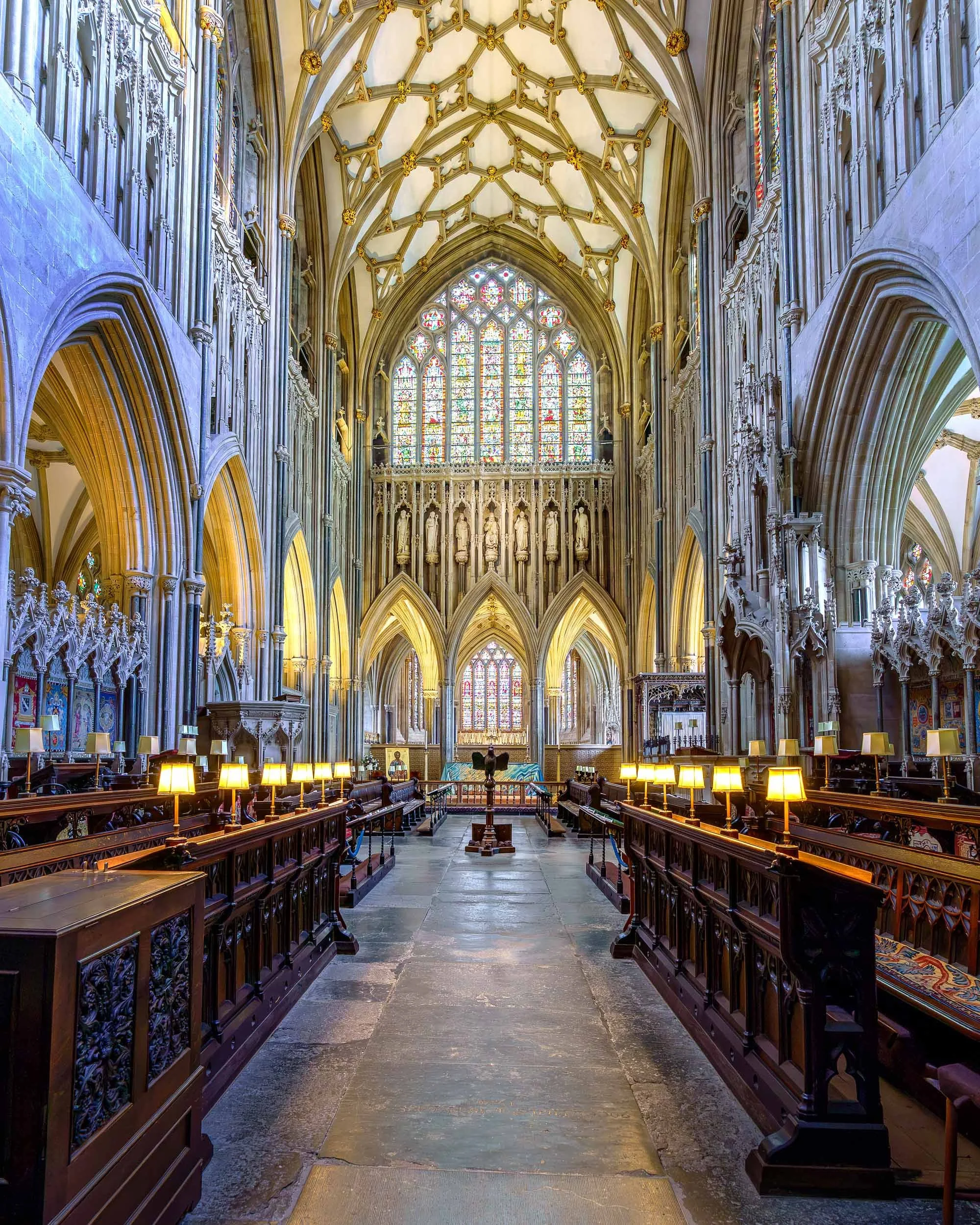 Choir Stalls and stain glass at Wells Cathedral