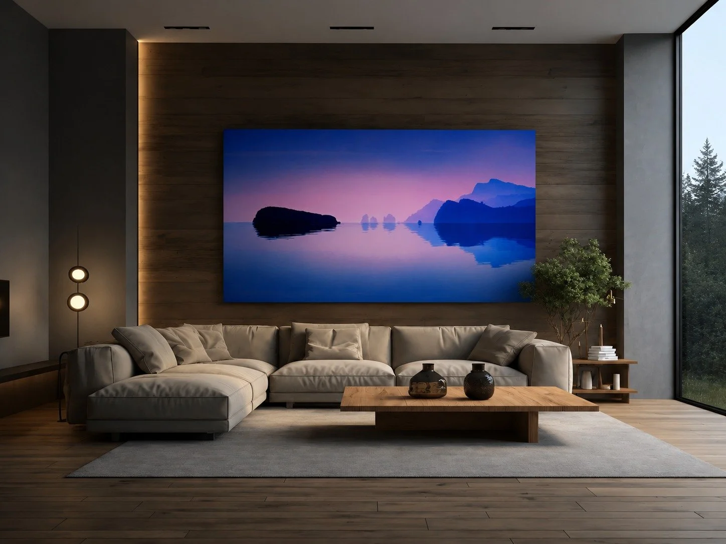 Modern living room with a large beige sectional sofa, wooden coffee table, large wall art of a serene lake scene at sunset, and a large window showing trees outside.