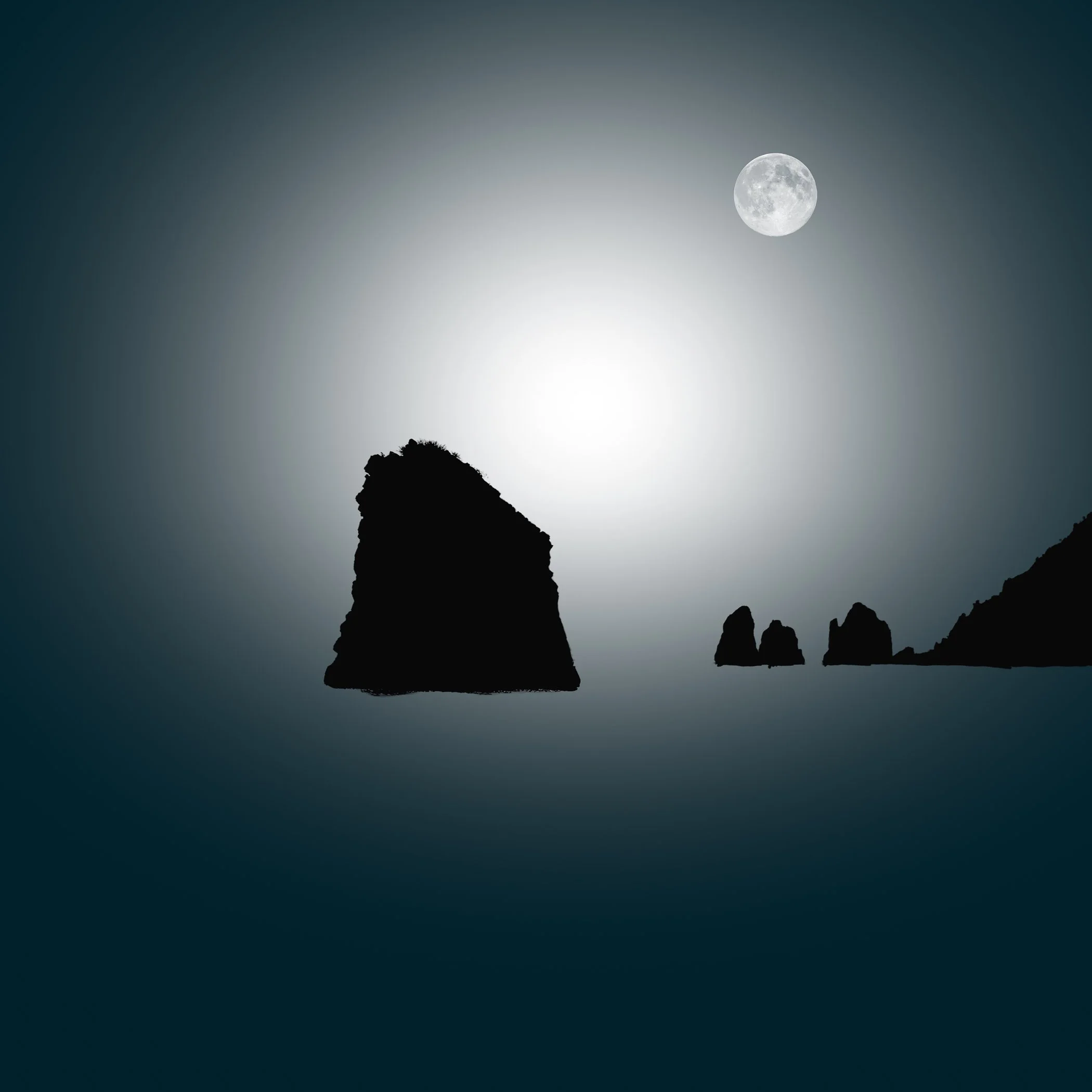 Moonlit Serenity Over Amalfi Rocks An ethereal night photograph capturing soft moonlight washing over the rugged coastal rock formations and peaceful water.