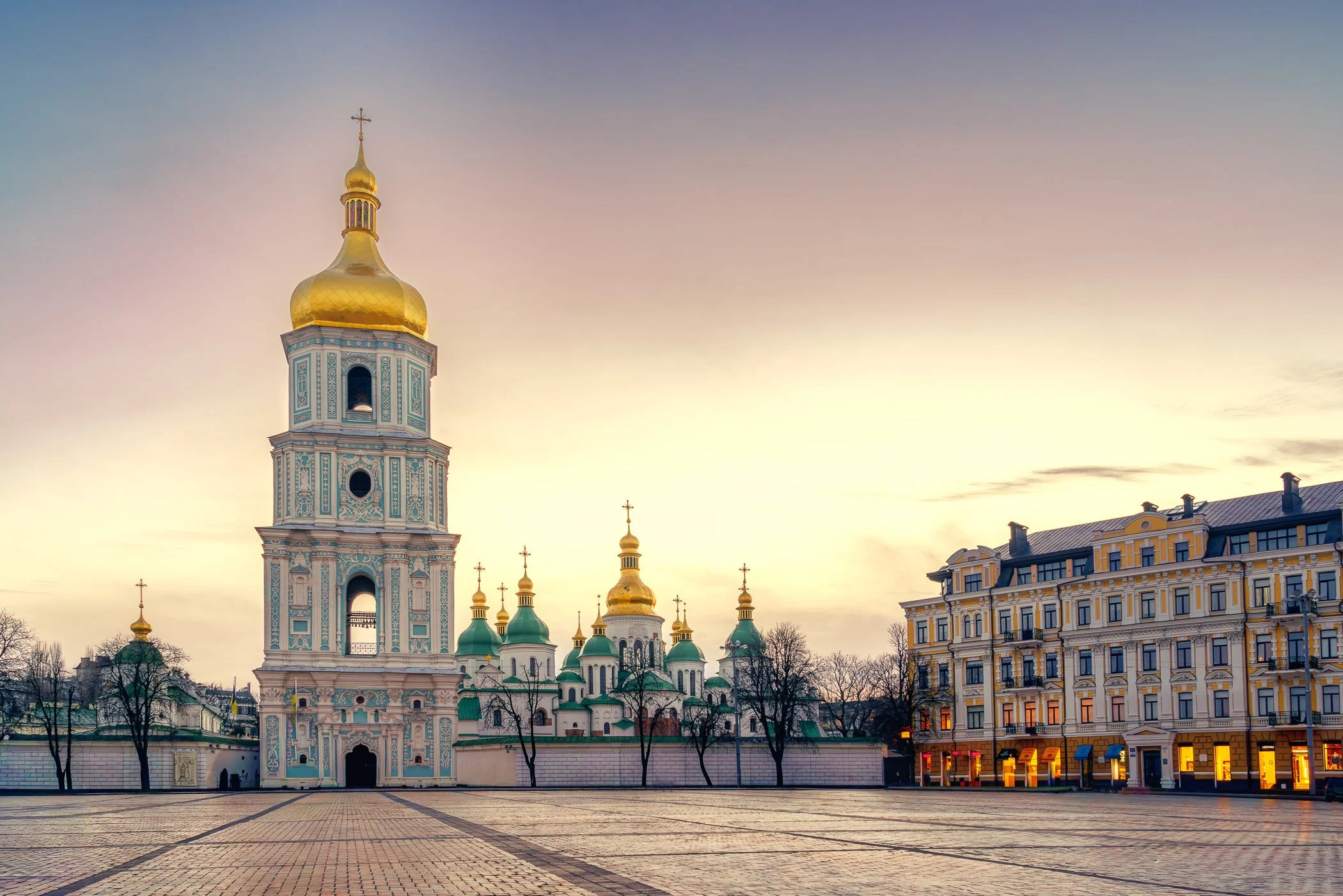Saint Sophia at Sunset A striking view of the historic Saint Sophia Cathedral complex and its grand bell tower illuminated in warm sunset light.
