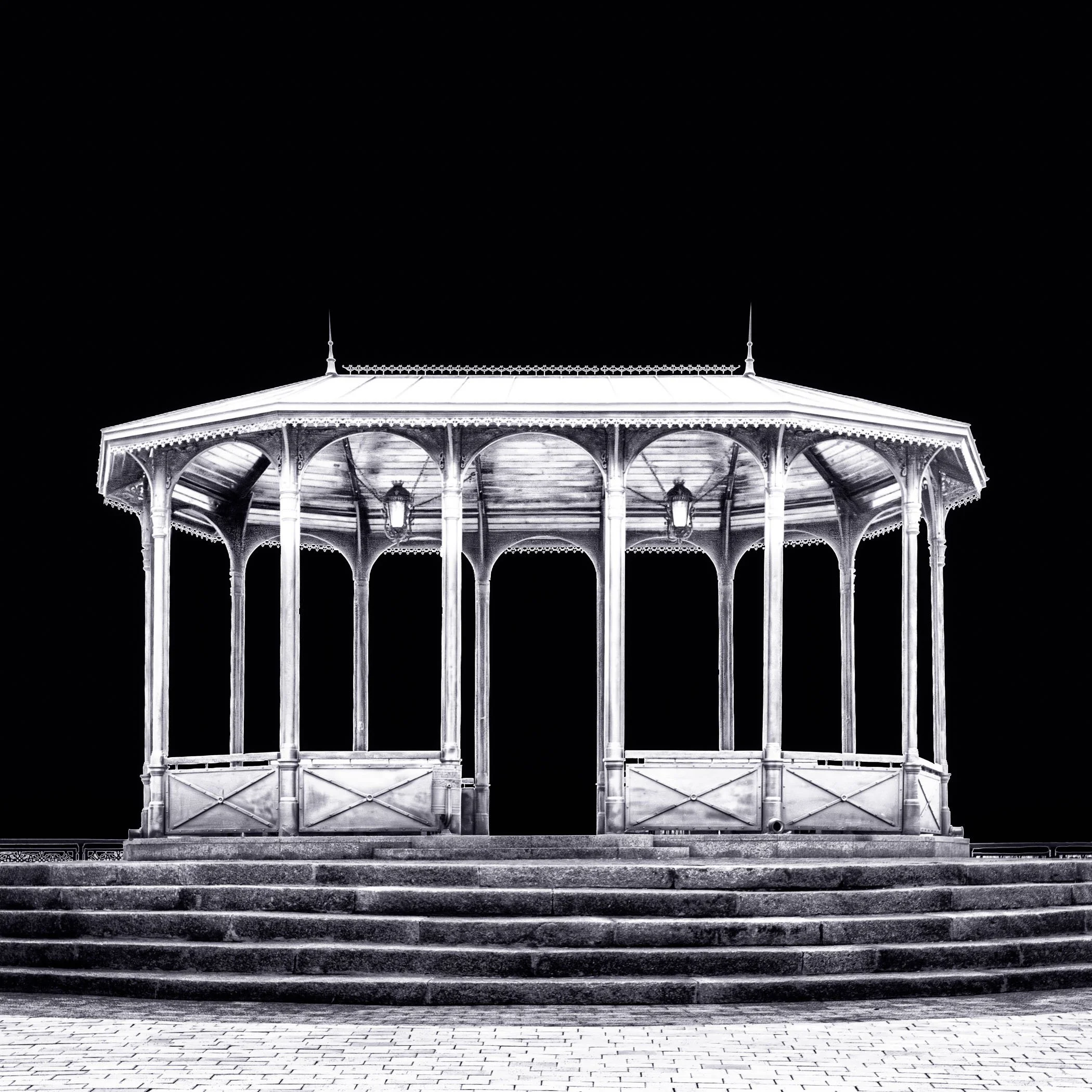 Illuminated Viewing Stand at Night A moody night shot of an illuminated observation platform overlooking the city and river valley.
