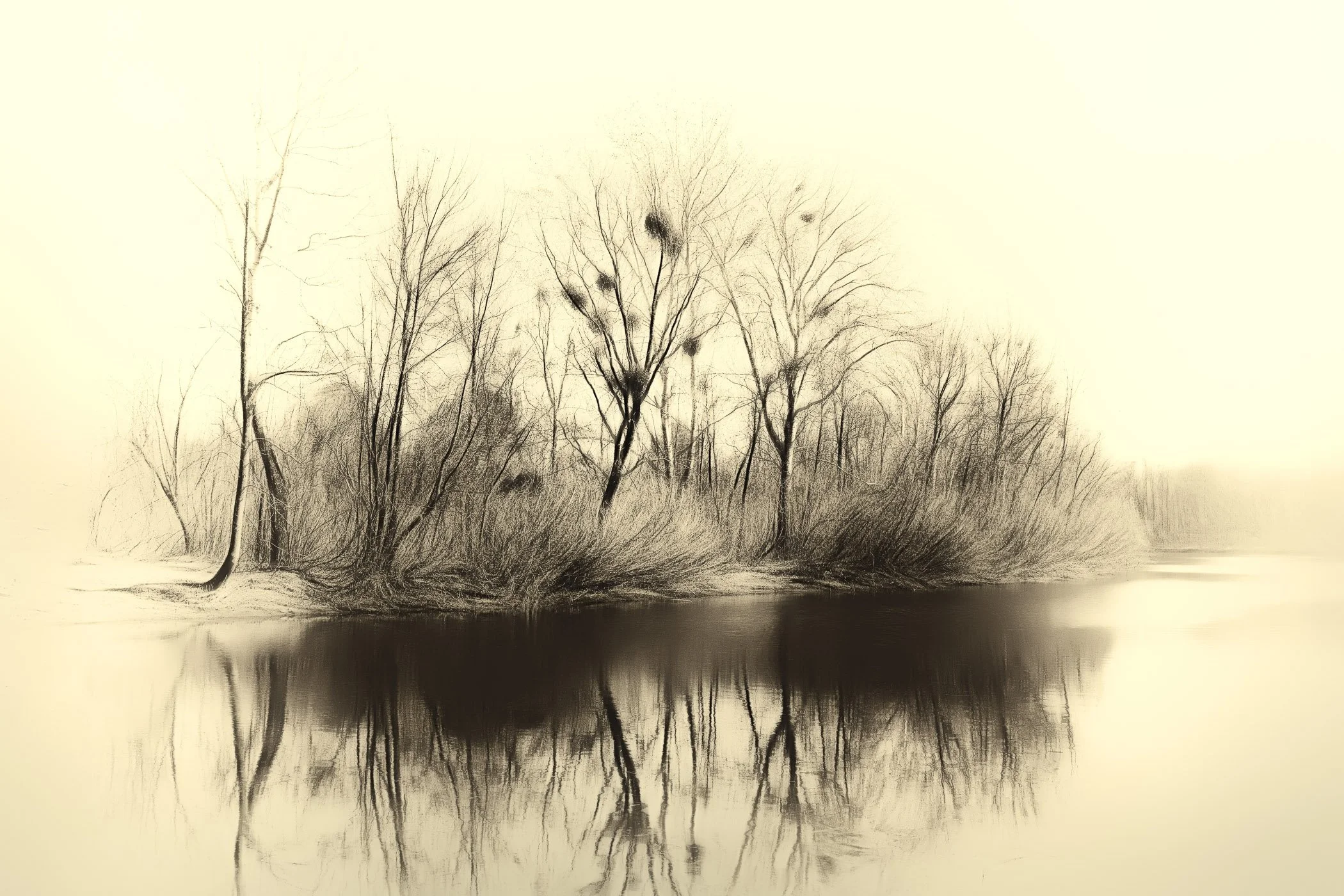 Misty Tranquility Soft, ethereal fog drifting gently through quiet woodland trees in the early morning light.