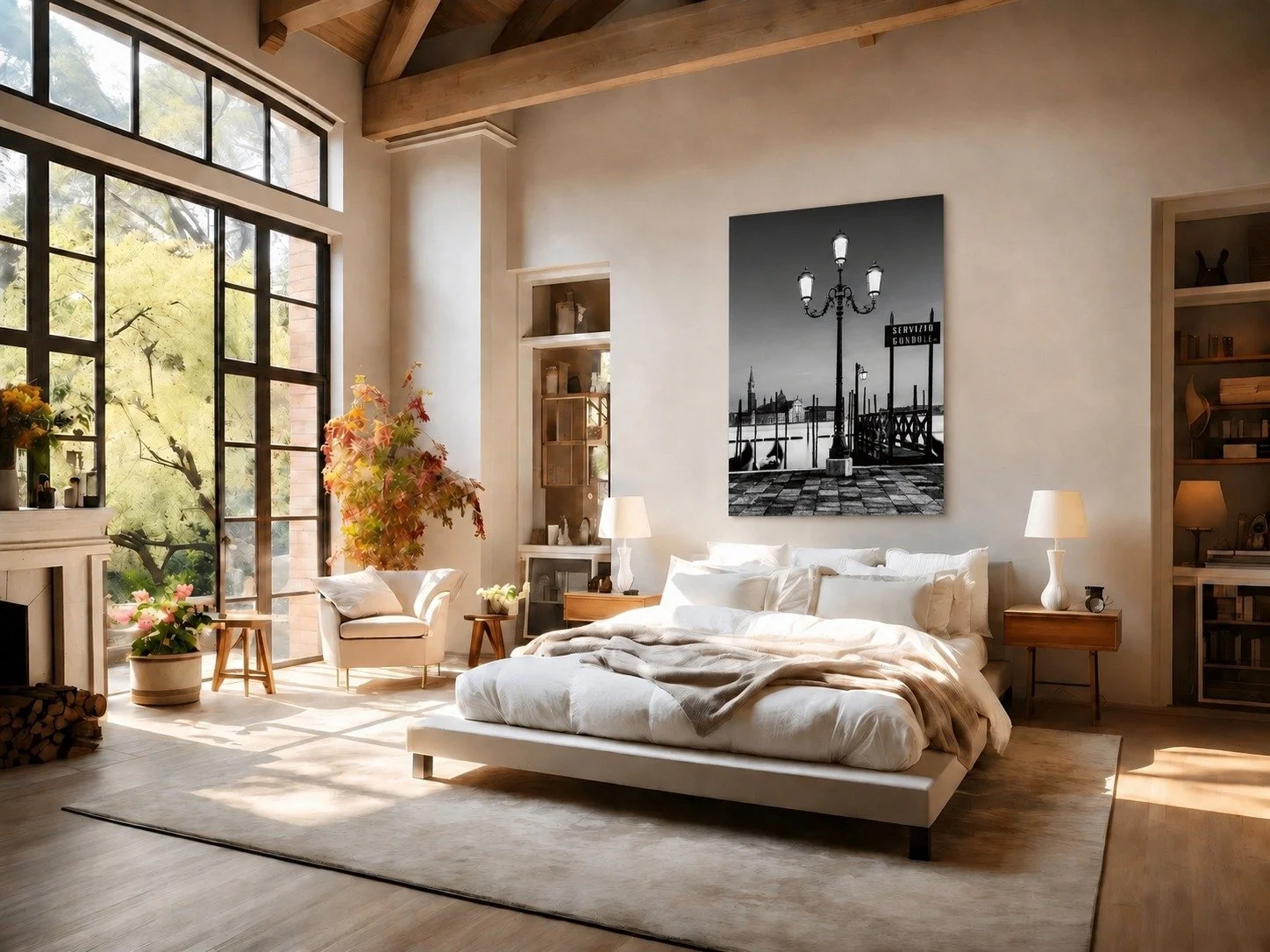 Black and white Venice fine art photograph displayed in a contemporary interior