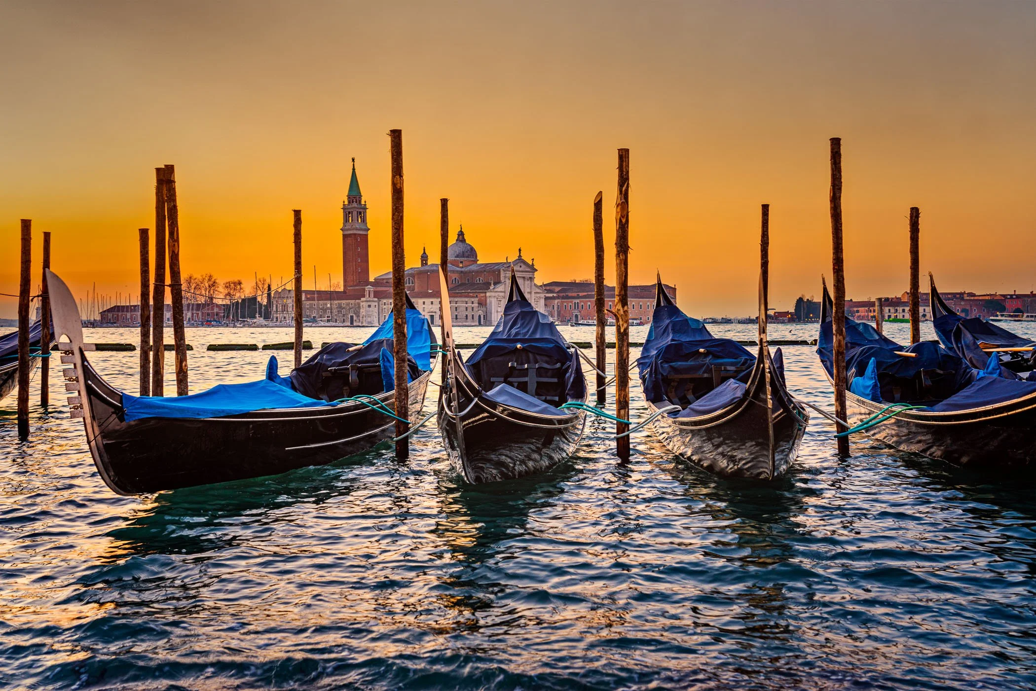 Gondolas along the Basin Traditional gondolas bobbing quietly at their moorings along the waterfront.