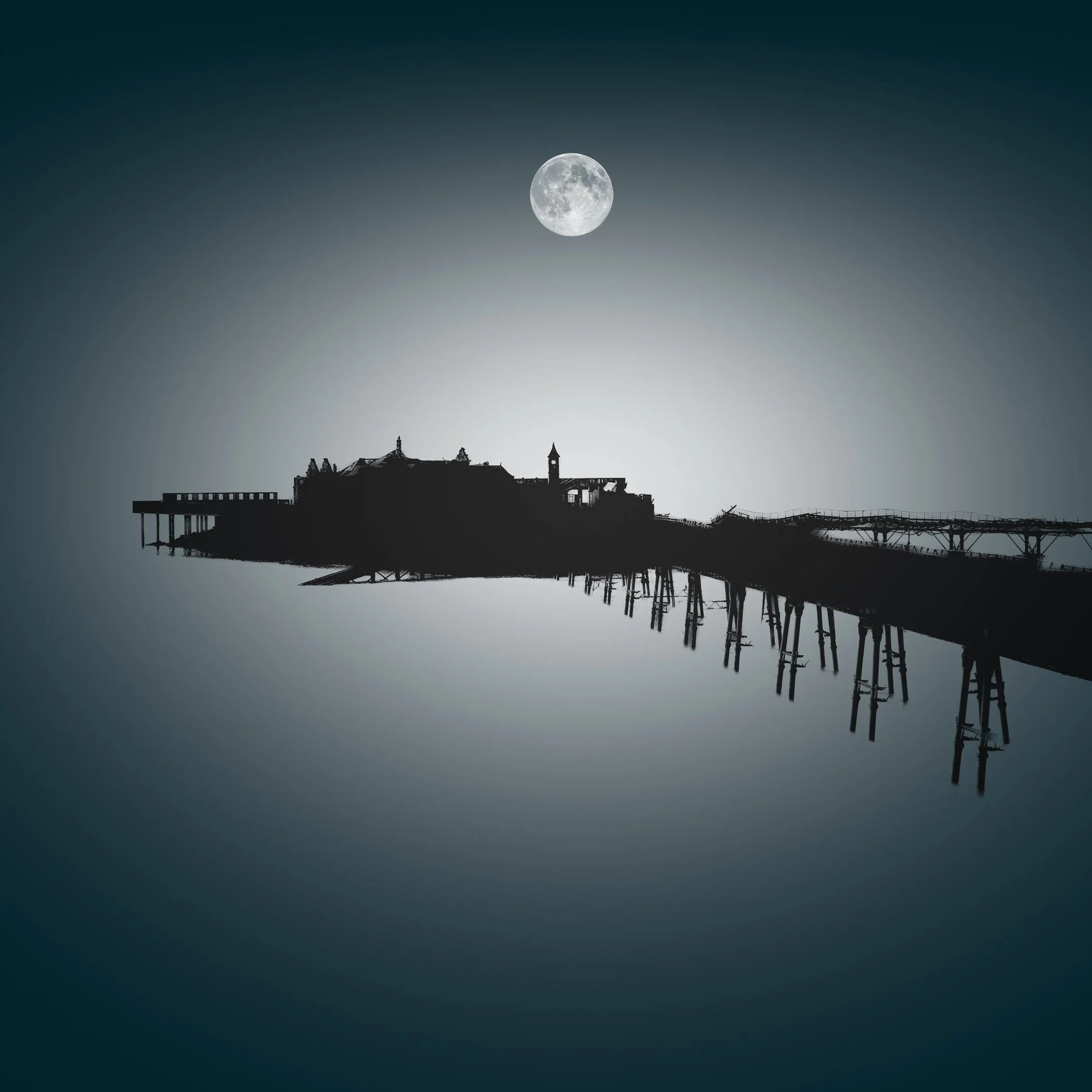Moonlit Reflections of Birnbeck Pier A moody night photograph highlighting the historic Birnbeck Pier and delicate light reflections on the water.