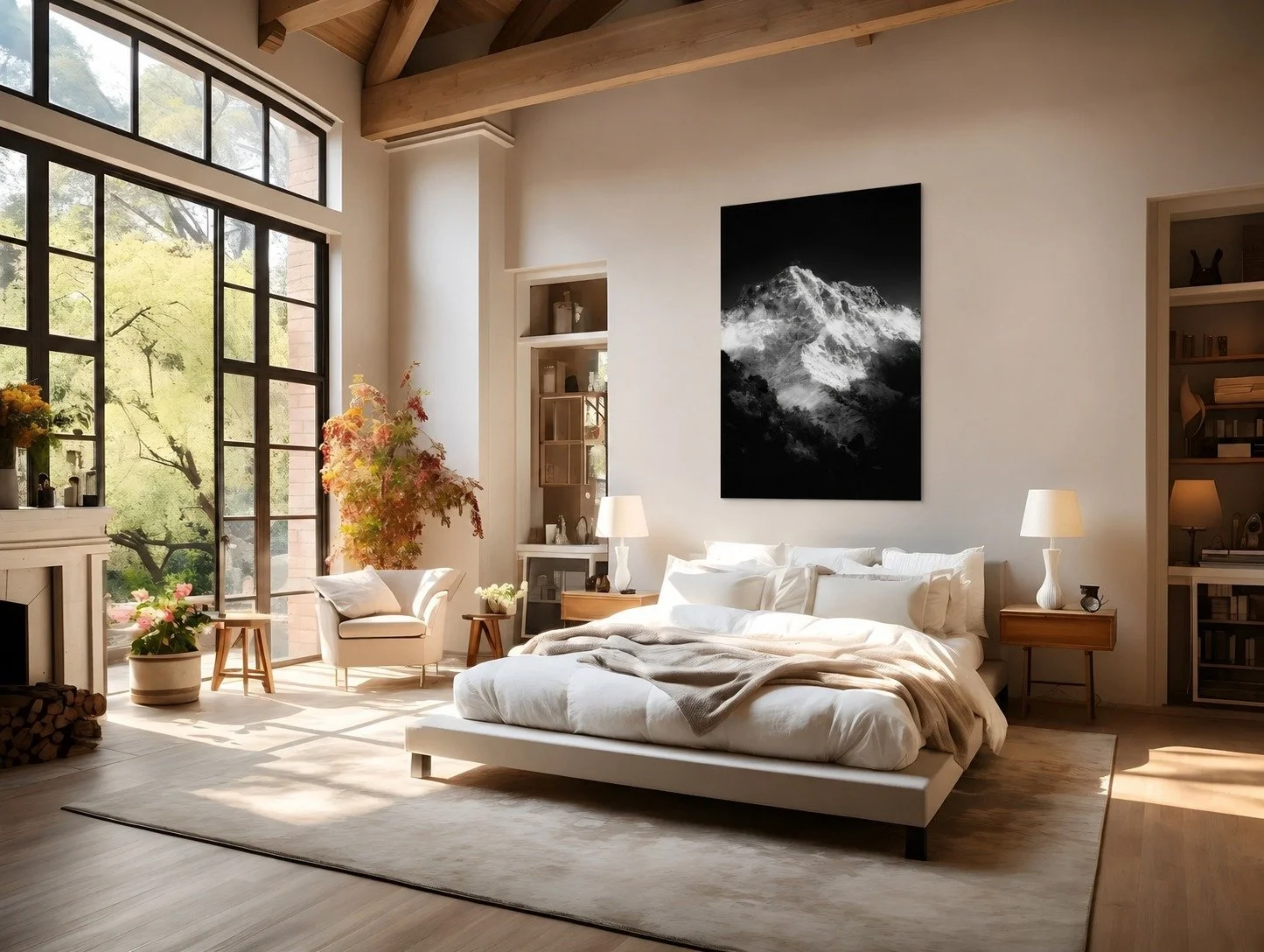 Black and white mountain landscape displayed as a fine art print in a contemporary interior
