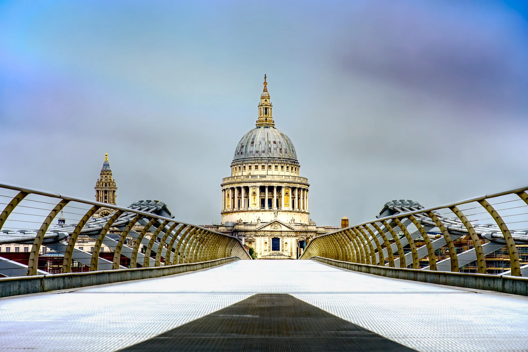 St Paul’s Cathedral viewed from the Millennium Bridge in London with strong symmetry and leading lines.