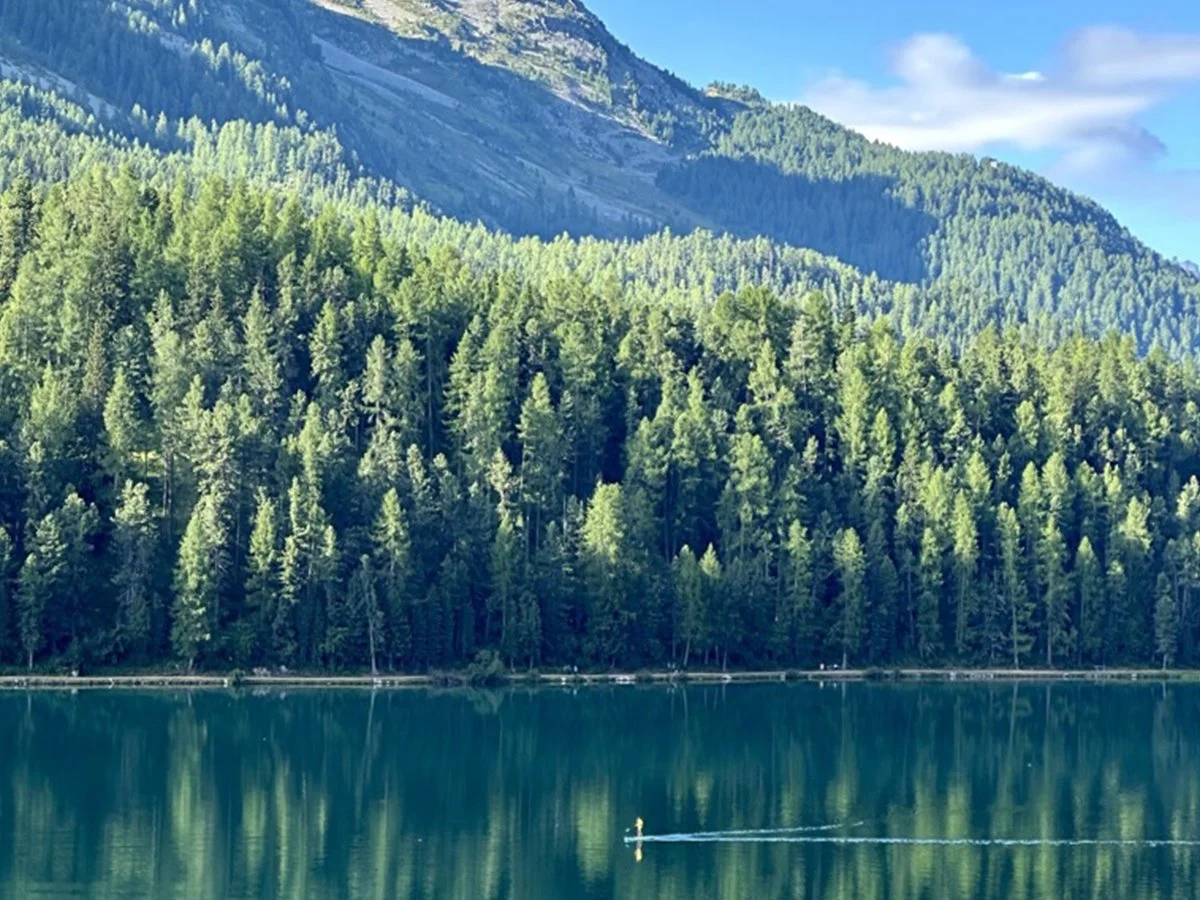 Calm alpine lake in the Engadin Valley reflecting forest and mountain slopes