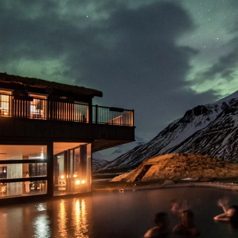 Deplar Farm luxury lodge with geothermal pool beneath the northern lights in northern Iceland
