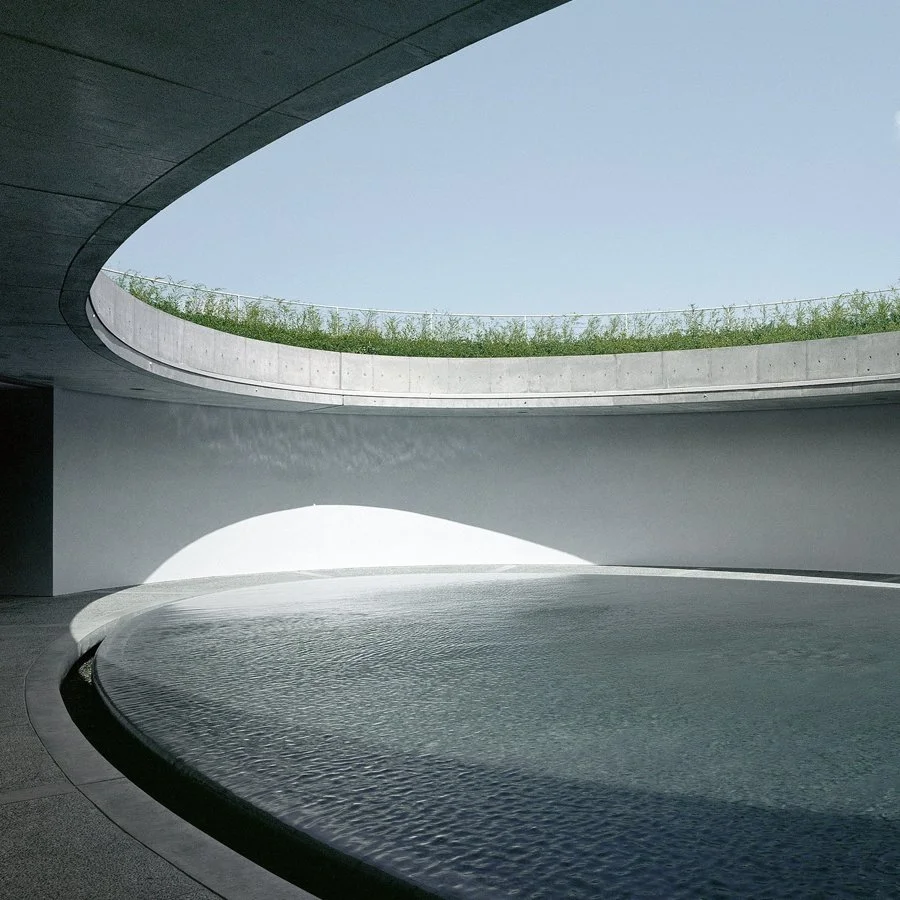 Circular courtyard reflecting pool at Benesse House museum hotel on Naoshima Island