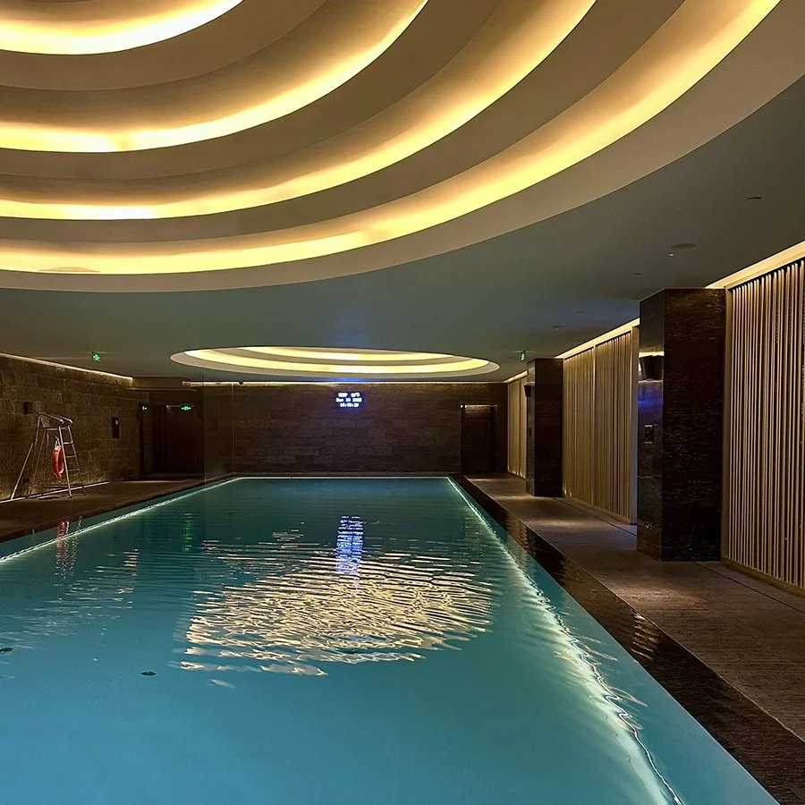 Indoor pool at Upper House Chengdu, a contemporary luxury hotel blending modern architecture with historic courtyard design