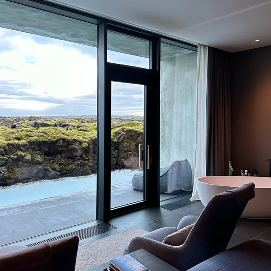 Luxury suite at The Retreat at Blue Lagoon overlooking Iceland’s lava fields and geothermal lagoon