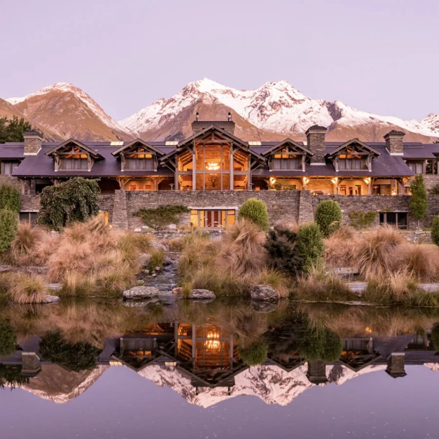 Suite interior at Blanket Bay Lodge overlooking Lake Wakatipu and the Southern Alps