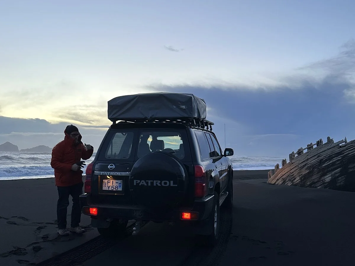 uper jeep expedition along Iceland’s black sand beach during a private off-road journey.