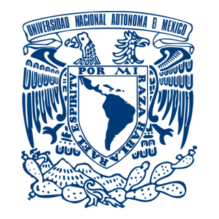 Escudo de la Universidad Nacional Autónoma de México con mapa de América Latina en el centro y nombres de la institución y sus valores
