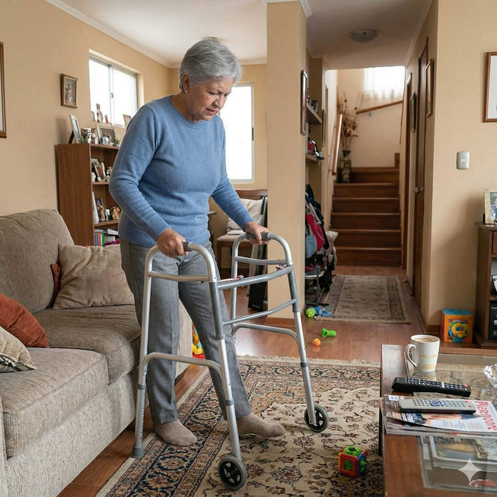 Anciana con bastón caminando en la sala de su casa.