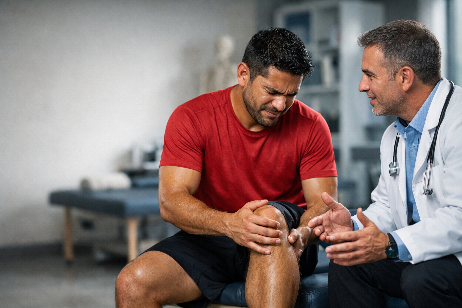 Paciente masculino con dolor en la rodilla, atendido por un doctor que le examina la rodilla en una clínica de rehabilitación